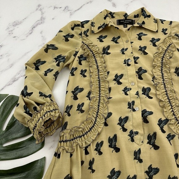 Max Studio Womens Vintage Y2k Ruffle Dress Size XS Tan Blue Birds Academia - Picture 4 of 12